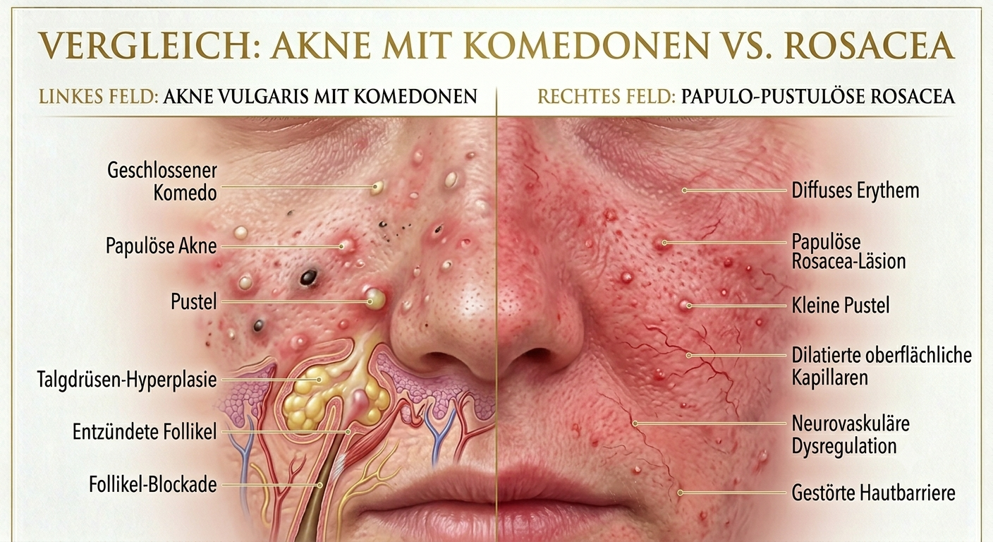 Vergleich: Akne mit Komedonen vs. papulopustulöse Rosazea