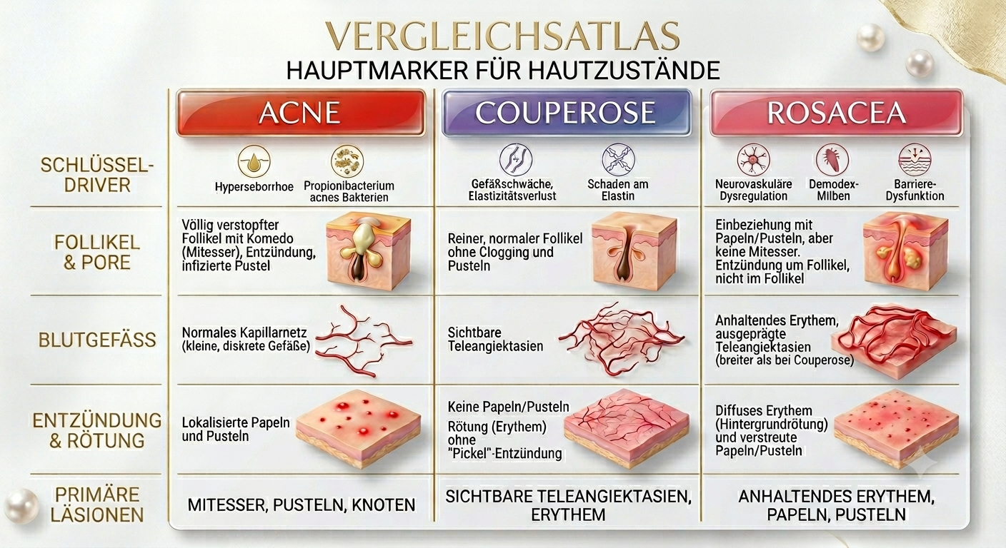 Vergleichsatlas: Hauptmarker für Akne, Couperose und Rosazea